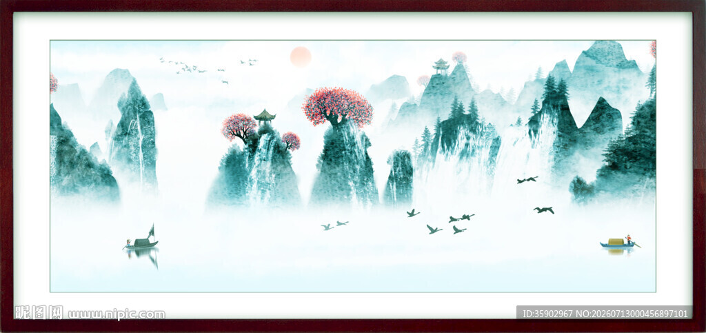 中式水墨山水风景画卷
