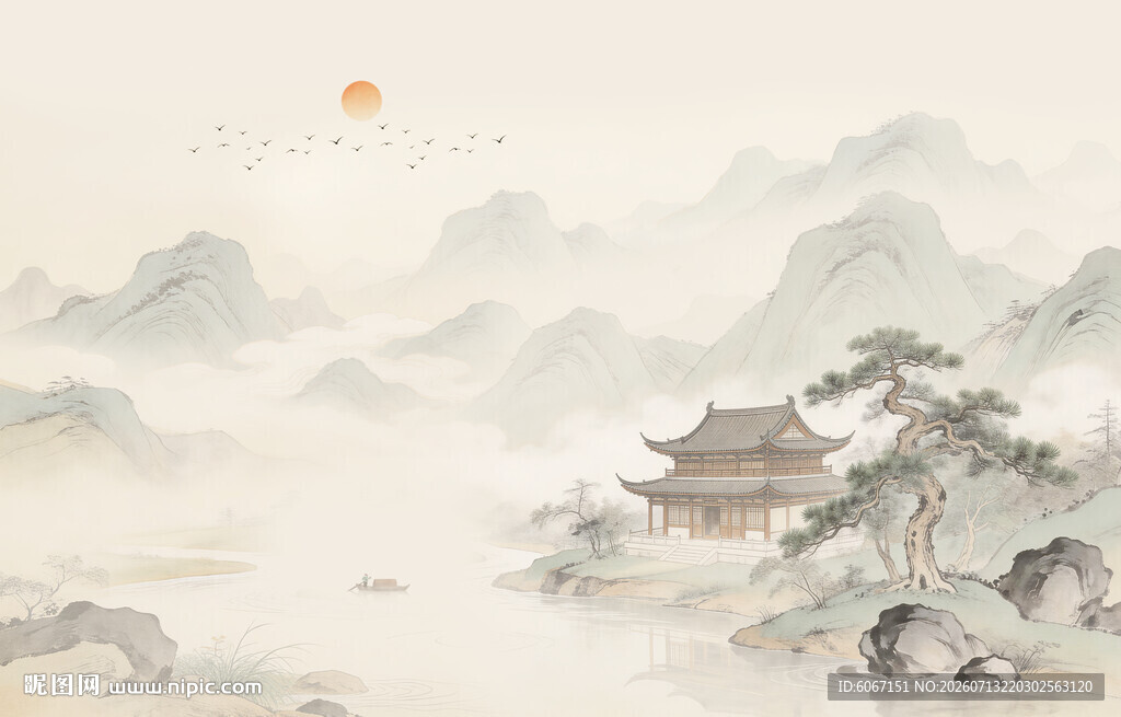 中式古风古典山水画背景壁画