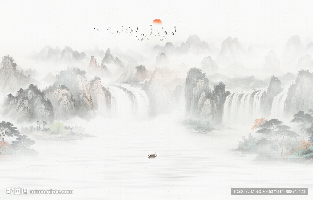 新中式国画山水画电视背景墙
