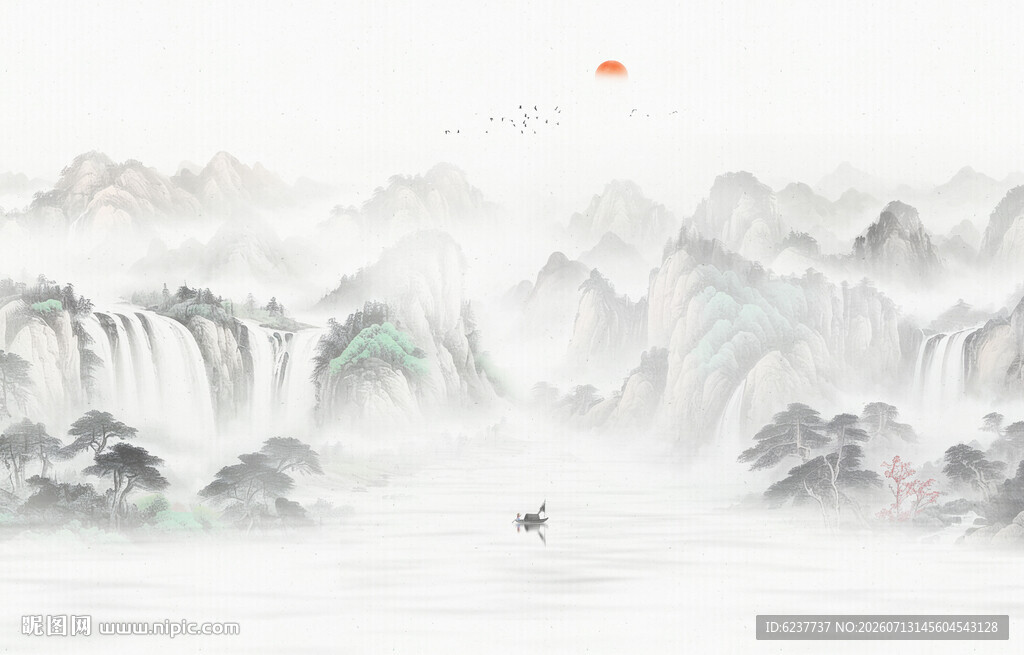 新中式水墨山水流水生财背景墙