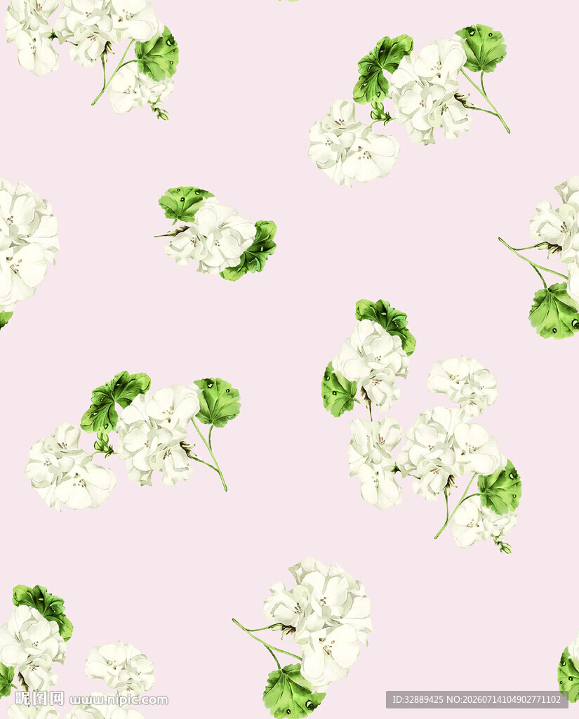 粉色背景的白花绿叶图案