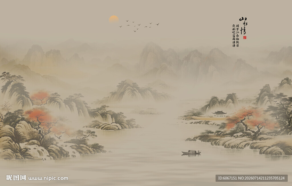 中国风水墨禅意山水画壁画
