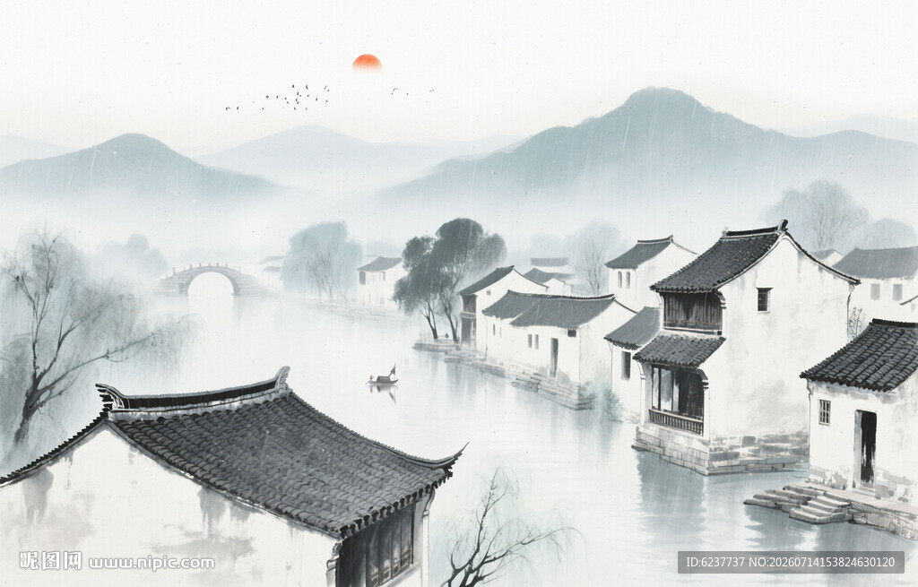 水墨江南山水背景墙
