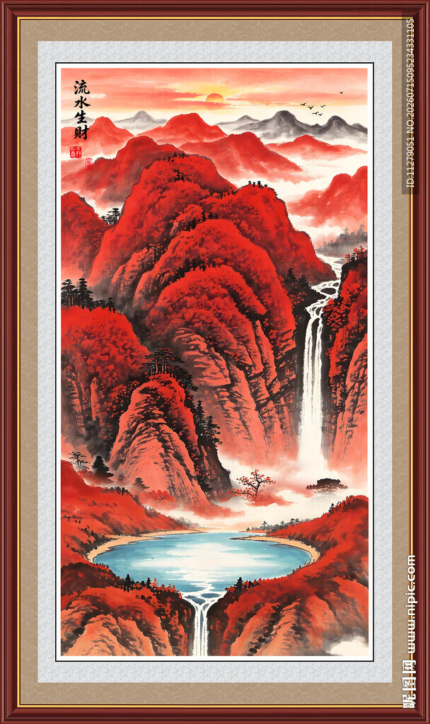 流水生财鸿运大头山水画招财画