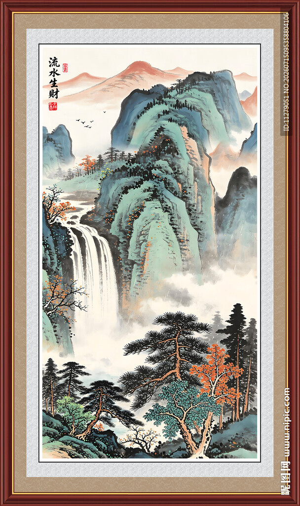 流水生财山水画水墨画招财画竖版