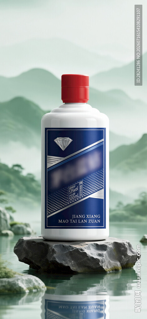 蓝白瓶白酒置于山水间