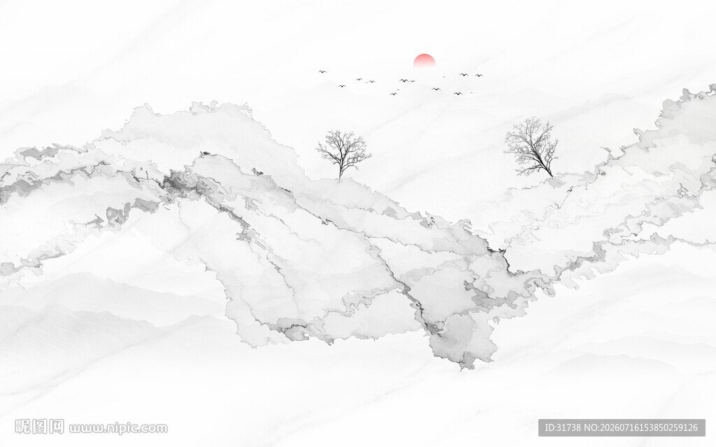 新中式抽象水墨线条烟雾山水画