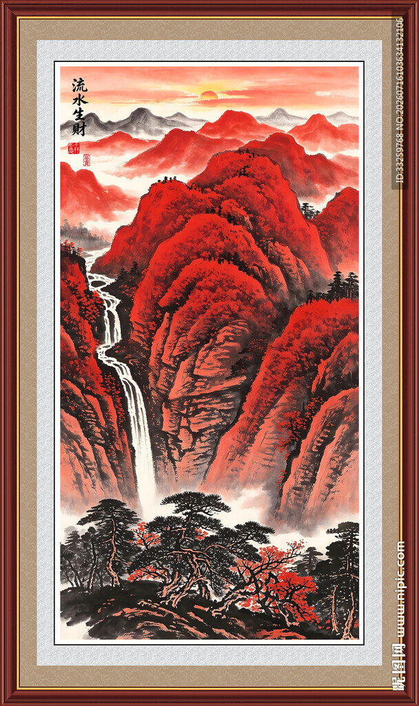 流水生财山水画招财画客厅画竖版