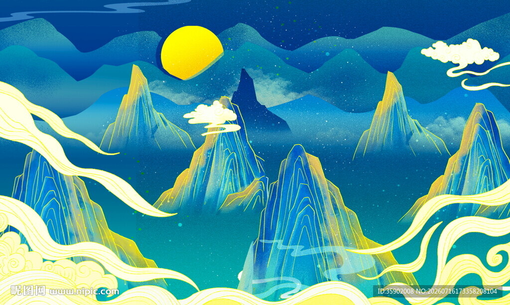 梦幻山水间的月夜景致