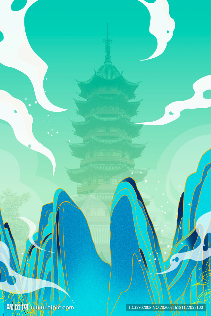 水墨山水间的古韵楼阁