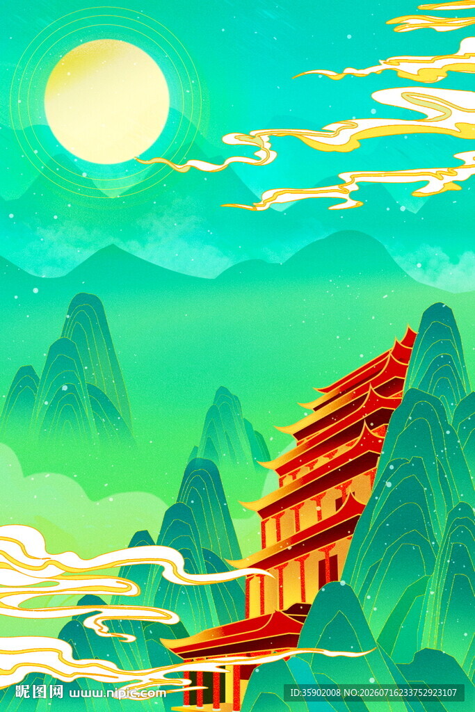 山间古楼映明月