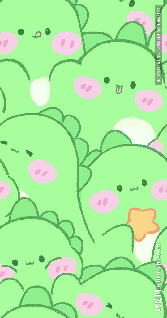 可爱绿恐龙簇拥卡通场景