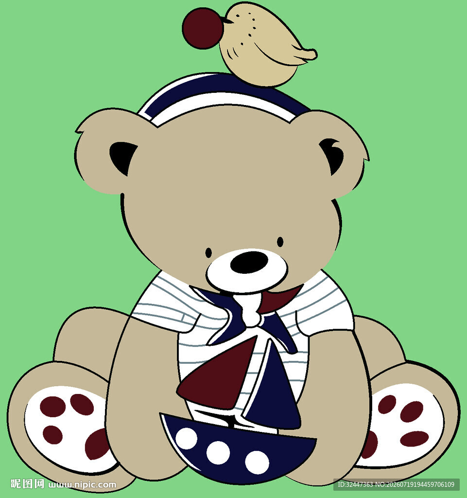 小熊水手与小鸟可爱插画