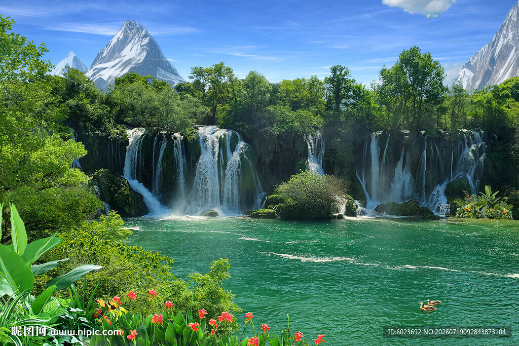 山水风景 风水风景画 瀑布 