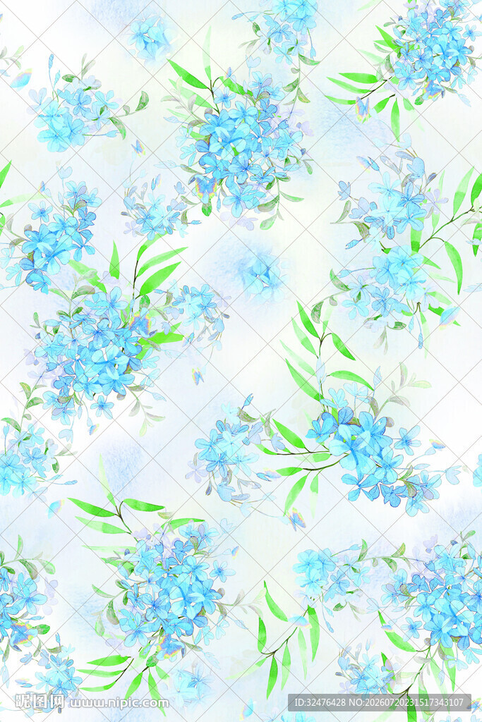 蓝花绿叶清新水彩图案