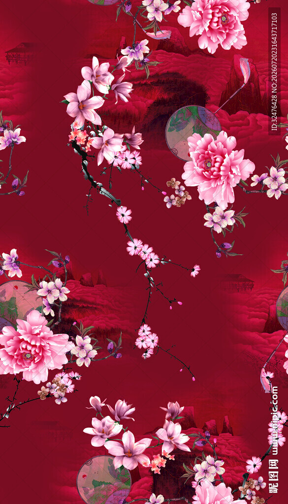 深红底繁花锦簇中式图案