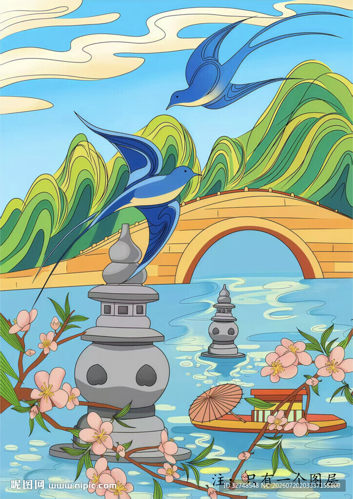杭州地标手绘三潭印月西湖断桥