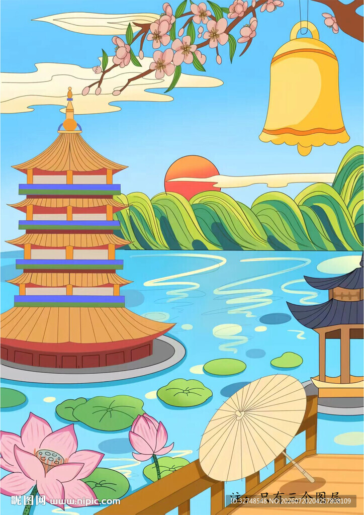 杭州地标手绘雷峰塔西湖
