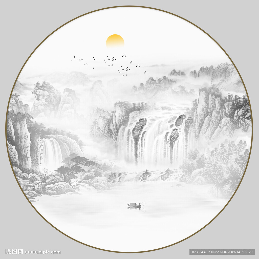 圆形水墨山水画