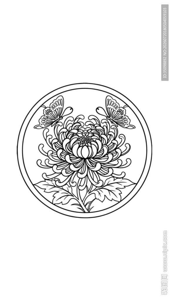 圆形菊花蝴蝶线稿