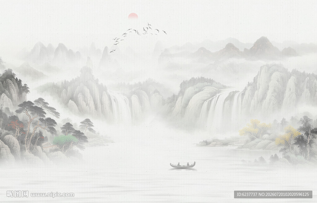 新中式国画山水画背景墙画壁纸