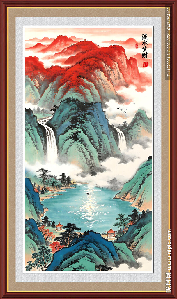 山水画流水生财客厅画招财画竖版