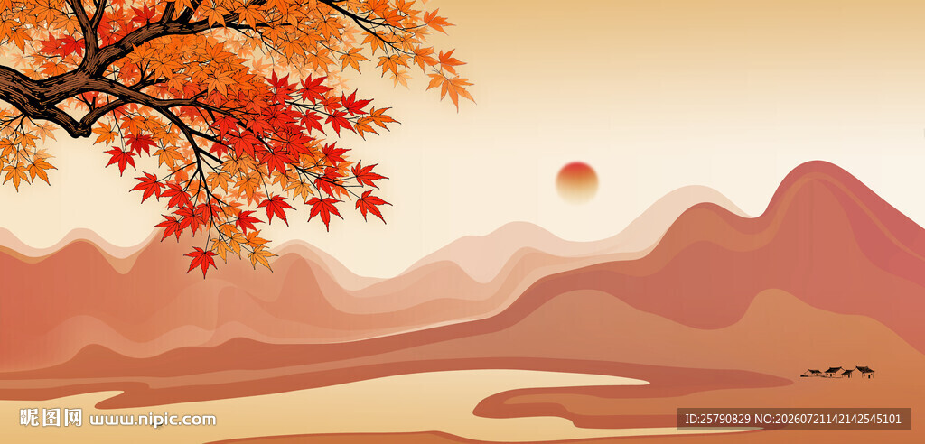 秋日山林夕阳红叶美景