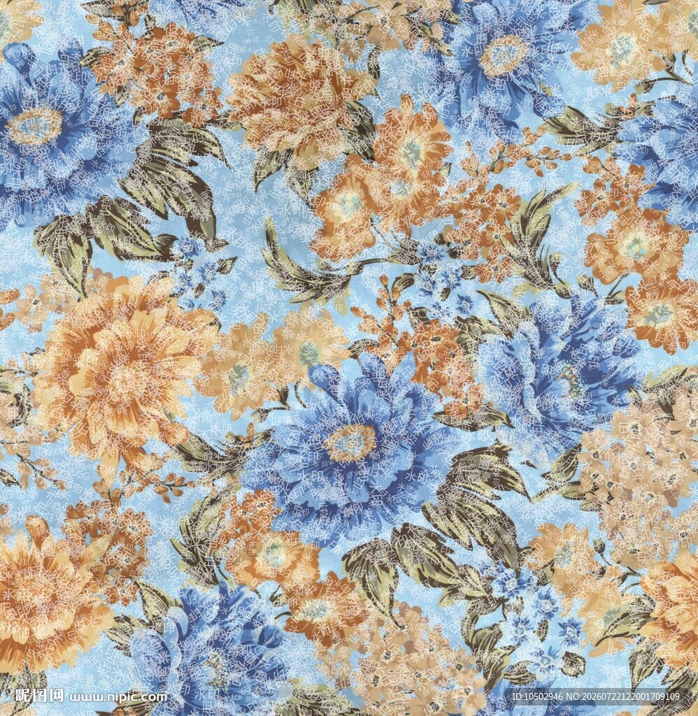 蓝黄花卉图案布料纹理