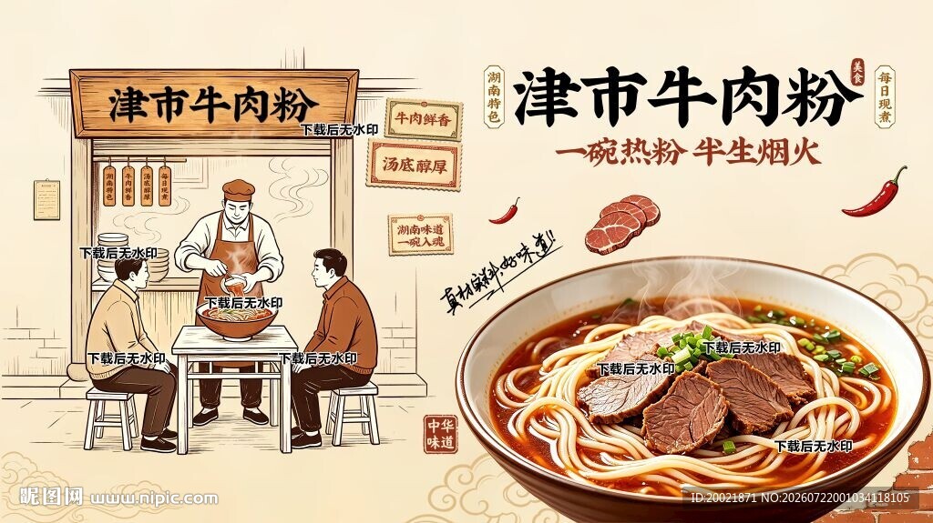 津市牛肉粉背景墙海报