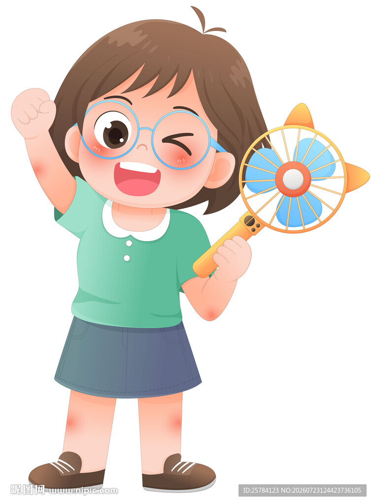  女孩吹风扇清凉夏天防中暑插画