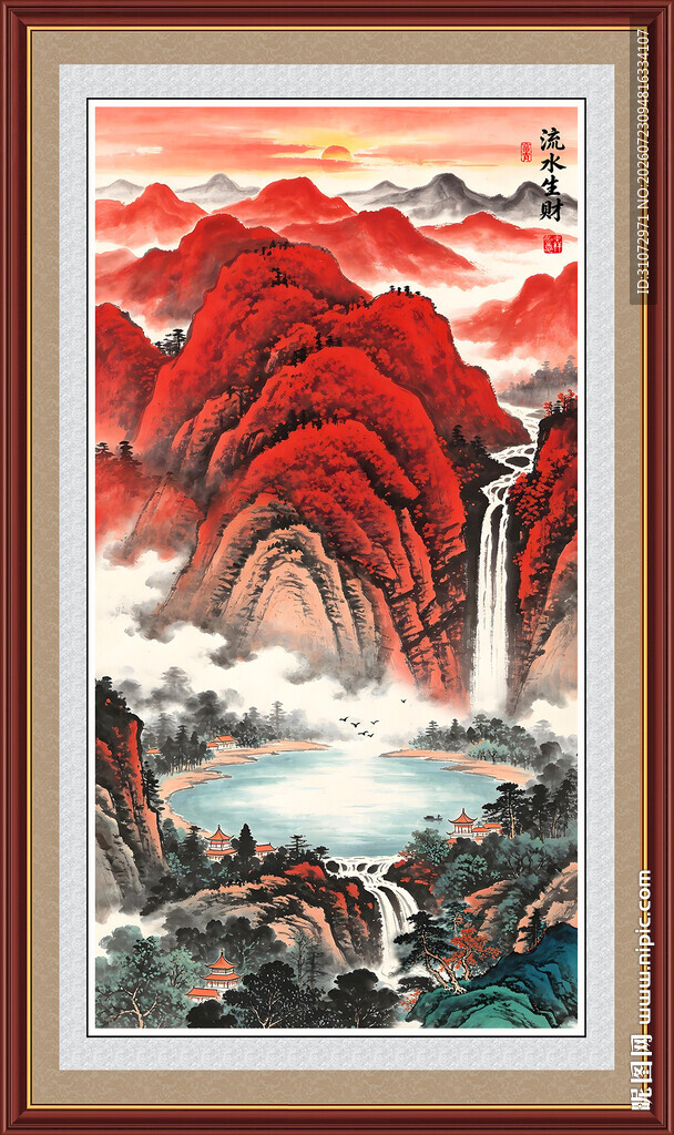 流水生财鸿运大头招财画水墨画