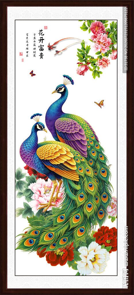孔雀牡丹图玄关画