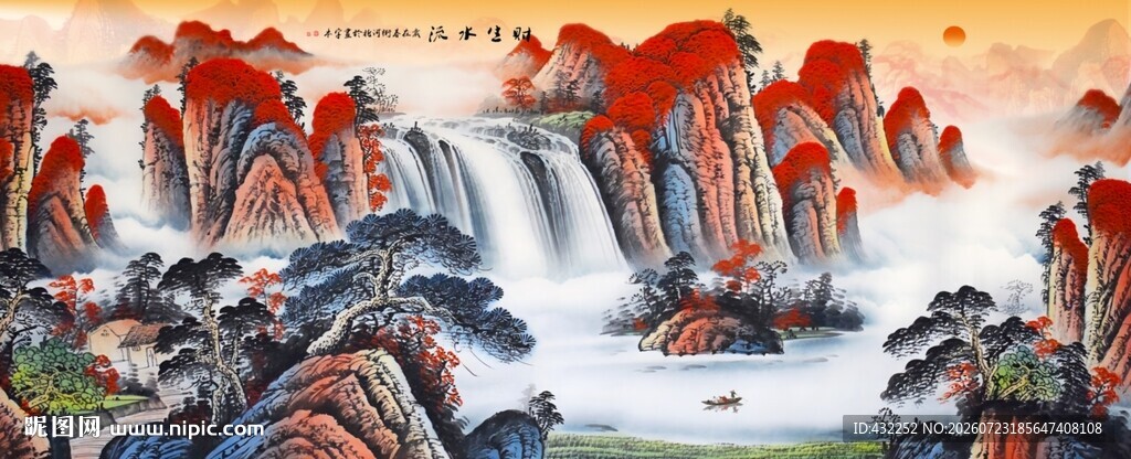 中式山水瀑布风景图