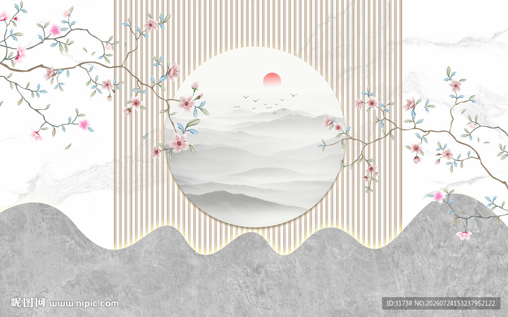 中式意境格栅山水花鸟装饰画