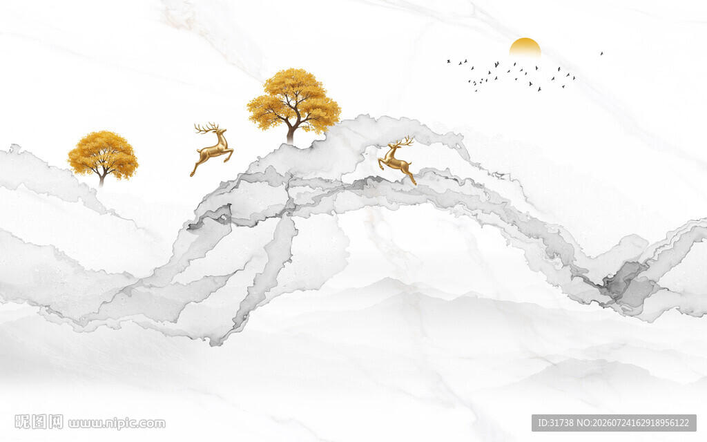 新中式抽象发财树麋鹿水墨山水画
