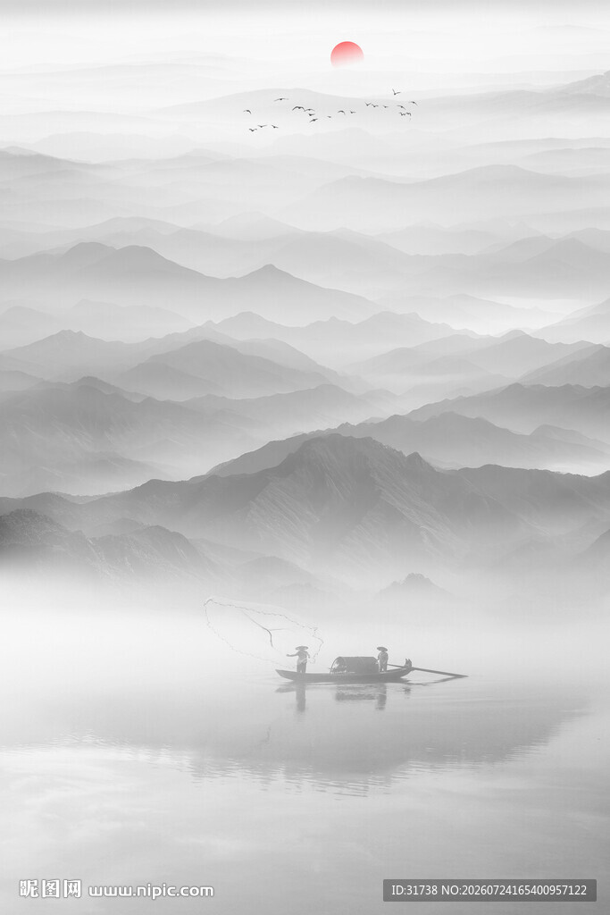 复式楼玄关水墨山水画背景墙