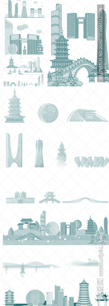 杭州浙江城市建筑剪影地标插画