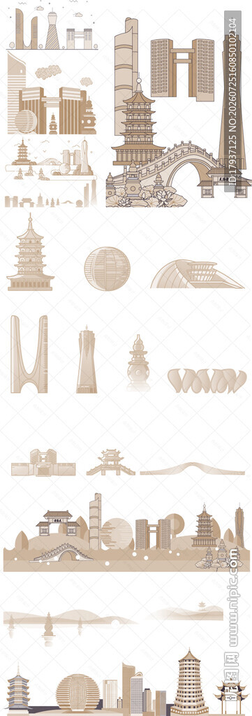 杭州浙江城市建筑剪影地标插画