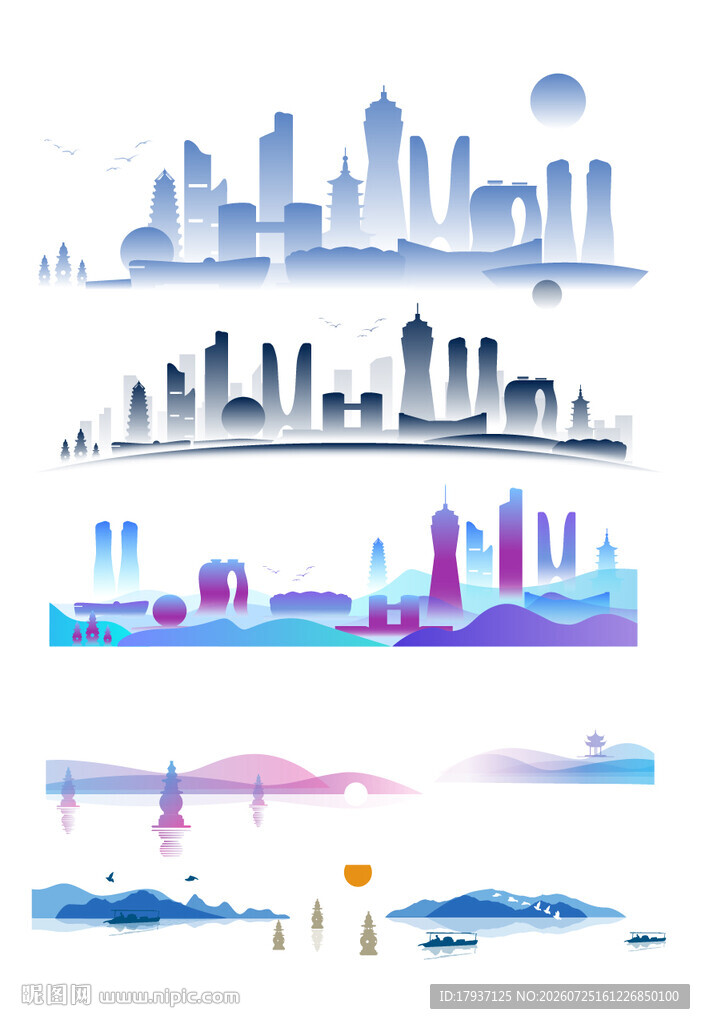 杭州浙江城市建筑剪影地标插画