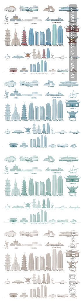 宁波浙江城市建筑剪影地标插画