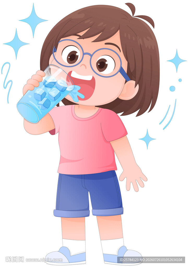 女孩喝冰水大冰块夏天防中暑插画