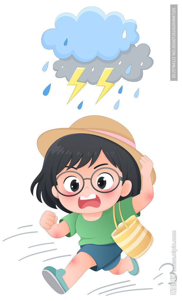 雷阵雨乌云闪电女孩奔跑夏天插画