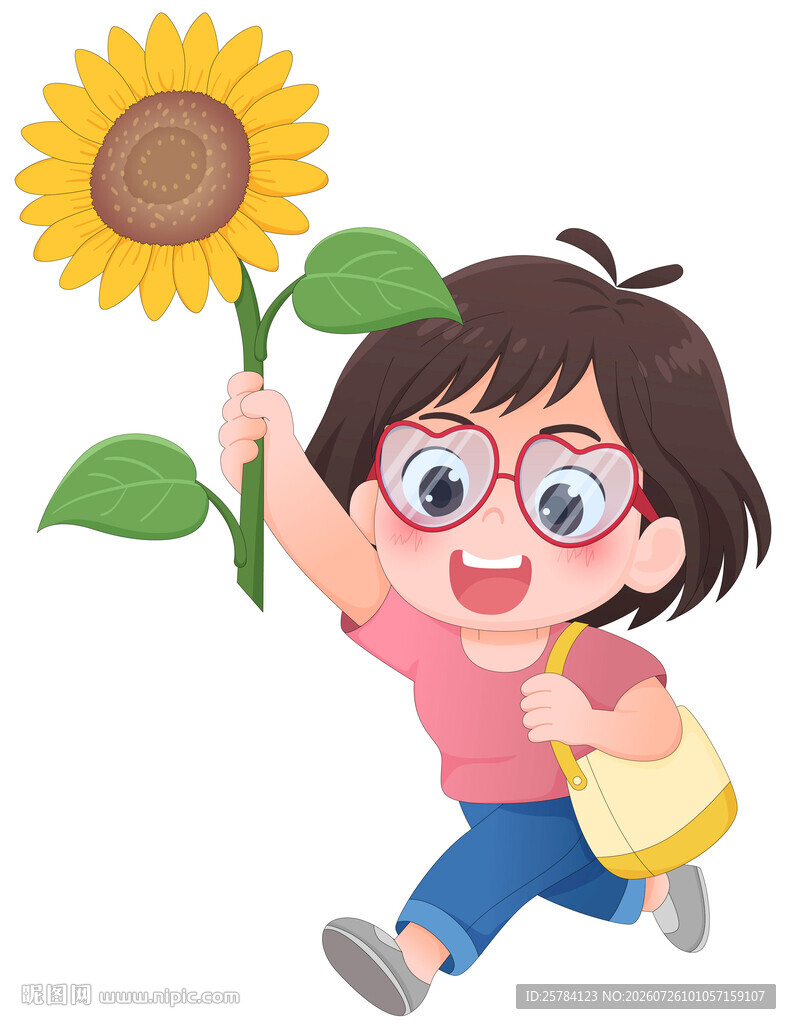 戴眼镜女孩向日葵花奔跑夏天插画
