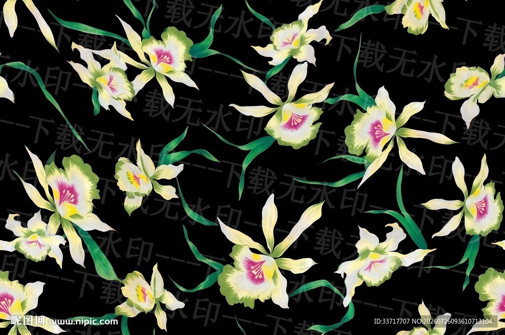 黑色背景上的缤纷兰花图案