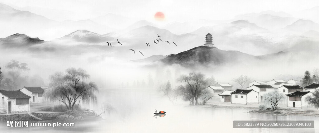 中国风水墨江南水乡背景图