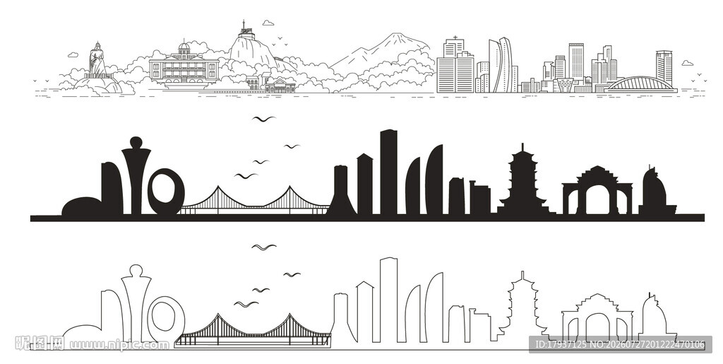厦门福建城市建筑剪影地标插画