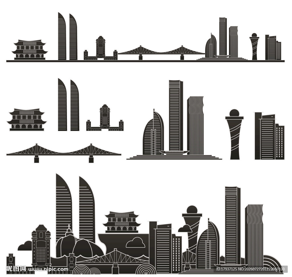厦门福建城市建筑剪影地标插画