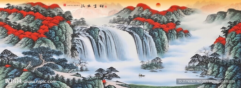 国画山水画旭日东升
