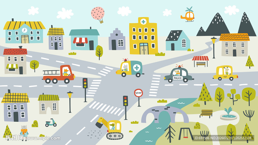 手绘城市小汽车卡通道路儿童背景
