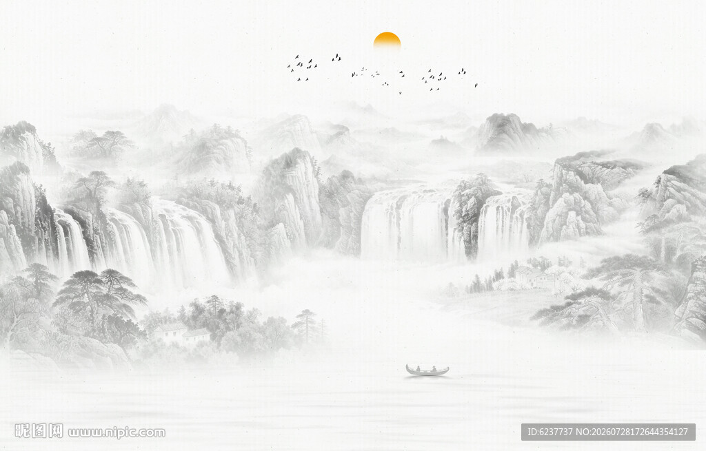新中式黑白山水画背景墙